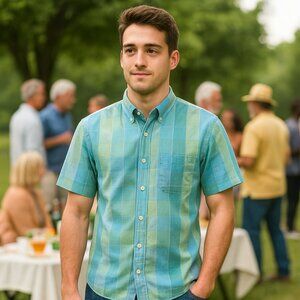 Izod Blue & Green Short Sleeve Mens Casual Shirt